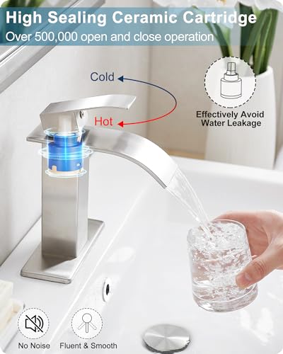 Brushed Nickel Bathroom Faucet Single Handle, Brass Waterfall Bathroom Sink Faucet 1 Hole or 4 Inch 3 Hole Bathroom Faucets with Deck Plate & Pop-up Drain Supply Hose for Lavatory No Splashing - color: Brushed Nickel - Traditional