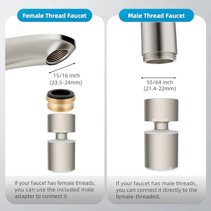 Hibbent cUPC Certified 2-function 360° Swivel Sink Aerator, Brushed Nickel | NSF/ANSI/CAN 61 Certified High Flow Faucet Extender with Metal Adapter for Kitchen & Bathroom, 55/64” Female Thread - color: Brushed Nickel