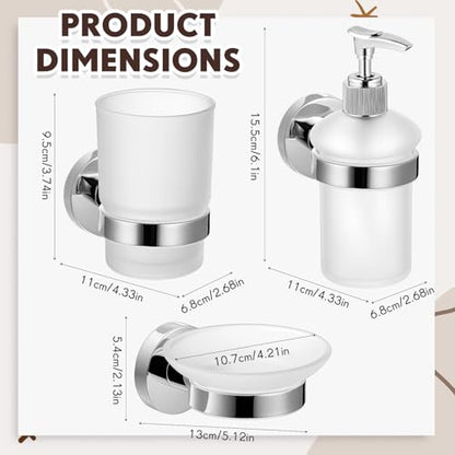 3 Set Wall Mounted Bathroom Accessory Set, Glass Soap Dispenser & Toothbrush Holder with Soap Dish, Stainless Steel Bathroom Wall Organizer for Modern Kitchen Bathrooms