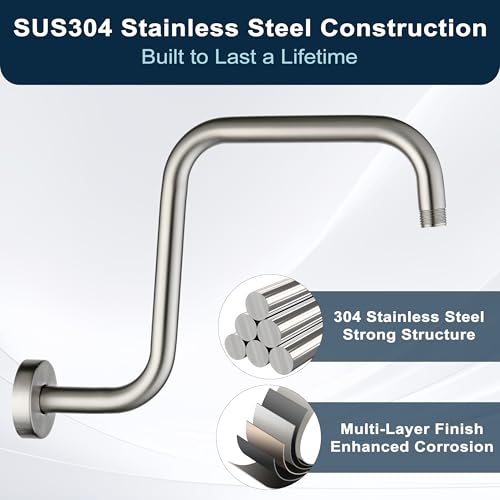 BRIGHT SHOWERS 13 Inch Shower Head Extension Arm with Flange S Shaped High Rise Extender, Long Stainless Steel Rainfall Shower Head Pipe Arm, Brushed Nickel - color: Brushed Nickel, style: S-Shape 13 Inch
