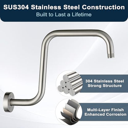 BRIGHT SHOWERS 13 Inch Shower Head Extension Arm with Flange S Shaped High Rise Extender, Long Stainless Steel Rainfall Shower Head Pipe Arm, Brushed Nickel - color: Brushed Nickel, style: S-Shape 13 Inch