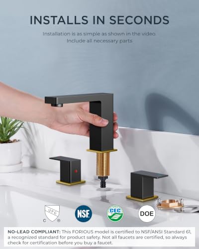 FORIOUS Widespread Black and Gold Bathroom Faucet Square, 8 in Black Faucet | CUPC 8 Inch Gold and Black Bathroom Faucet 3 Hole, Two Handle Matte Black Faucet for Bathroom Sink 3 Hole with Drain, Aerator - color: Black&Gold, style: Modern
