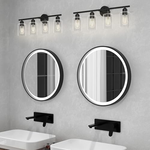 4 Light Bathroom Vanity Light Fixtures Black,Rustic Farmhouse Vanity Lighting Over Mirror Modern Industrial Lamp with Cylinder Glass Shade UL Certified - color: Matte Black, size: 4 Lights