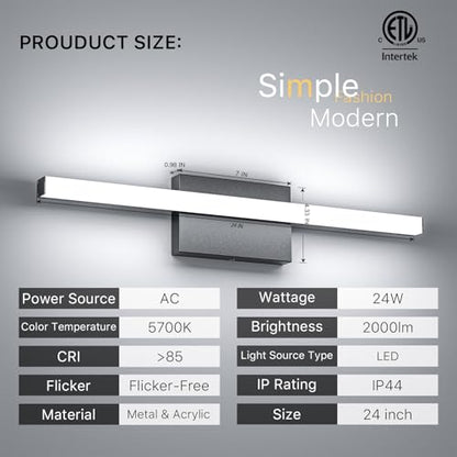 24Inch LED Bathroom Vanity Light Bar 5700K Dimmable Led Bathroom Light Over Mirror Modern Bath Wall Light Cool White ETL Certified 24W 2Pack - color: 2 Pack - Black 5700k Daylight, size: 24 Inch