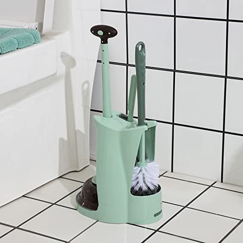Cq acrylic Toilet Brush and Plunger Set,Green 3 in 1 Bathroom Scrubber Plunger and Angled Toilet Bowl Brush & Scrubber Combo with Holder and Rim Cleaner for Camper,Rv,Apartment,New Home,Set of 1