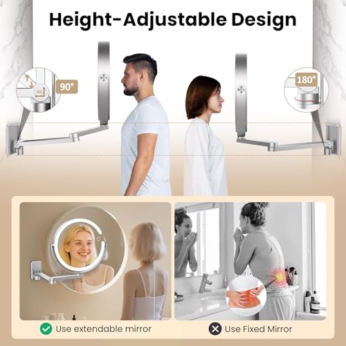 FRANO Wall Mounted Makeup Mirror with Lights, 8-inch 20X/1X Magnifying Mirror, Rechargeable LED Vanity Mirror with 3 Color Lights, 360° Swivel & Extendable Arm