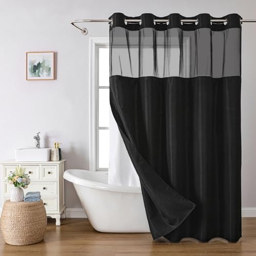 eachope No Hook Linen Texture Shower Curtain with Snap-in Liner,71x80 White | 230GSM Thick Fabric,Hotel Luxury Decor,Mesh Top Window,Magnetic Weighted Hem,Waterproof & Machine Washable,for Bathroom - color: Black, size: 71"W x 80"L (Pack of 1)