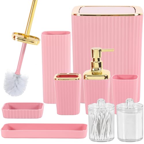 9 PCS Pink Bathroom Accessories Set with Trash Can Bathroom Accessory | All-in-One Kit with Trash Can,Toothbrush Holder,Soap Dispenser,Toothbrush Cup,Vanity Tray,Soap Dish,Toilet Brush etc for Home - color: Pink