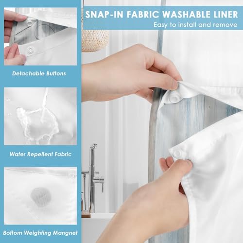 No Hook Shower Curtain with Snap in Liner 54x80 Inch Daisy Floral | Wooden Rustic Blue Modern Double Layers Waterproof Fabric with See Through Top Window Open Grommet Bath Curtain - color: Blue Daisy 2, size: 54"W x 80"L (Pack of 1)