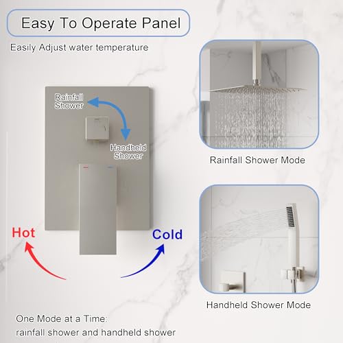 WELLFOR 12-In Ceiling Mount Shower System with Single Handle, Pressure-balanced Valve Included, Waterfall Dual Head Shower Head System, Rain Shower System, Shower Faucet Trim Kits, Brushed Nickel - color: Brushed Nickel, style: Ceiling Mount 12-Inch