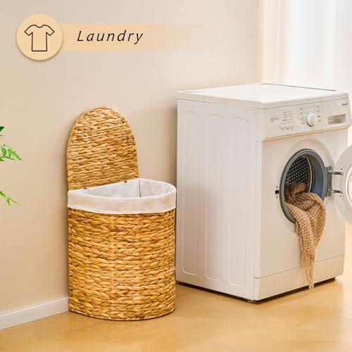 Half Round Wicker Laundry Hamper with Lid and 2 Removable Liner Bags, Handwoven Natural Water Hyacinth Laundry Basket for Dirty Clothes, Natural - color: Natural, size: 60L