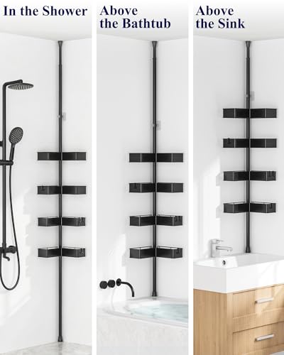 Kitsure Tension Pole Shower Caddy - Adjustable Corner Shower Shelf with Metal Baskets, Rust-Resistant Bathroom Shower Organizer, No-Drill Installation, (Adjustable Height: 34.2-114.1 in), W 7.5 in