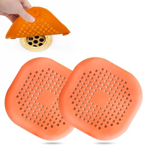 Bovinde Hair Drain Catcher,Square Cover for Shower 2 Pack (Orange) | Drainer Cover Silicone Hair Stopper with Suction Cups,Protector Accessories,Easy to Install Suit for Bathroom,Bathtub,Sink - color: Orange