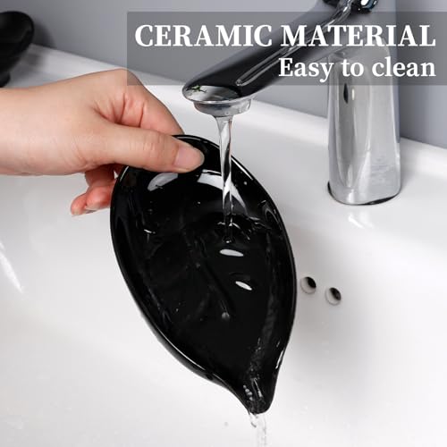 Soap Dish, Self Draining Soap Holder, Leaf Shape Ceramic Bar Soap Holder Drain Soap Dishes for Bathroom Sink Kitchen, Easy to Clean, Keeps Soap Dry, Black, ANTIS'S HOME - color: Black-1pcs-enhanced Draining