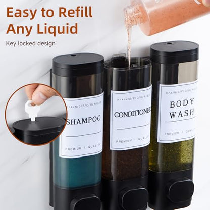 Shampoo and Conditioner Dispenser,Shower Soap Dispenser 3 Chamber No Drill Wall-Mounted for Bathroom & Hotel Leak-Proof Pumps, for Thick Liquids Like Conditioner - 1050ML High Capacity, Black - color: Matte Black