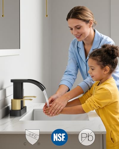 gotonovo 4’’ Centerset Bathroom Sink Faucet Waterfall Black&Brushed Gold | SUS304 Bathroom Faucet,2.17’’ Wide Spout,24’’ cUPC Water Line,Pop up Drain,2 Handle,Basin,Vanity,RV,Lavatory 2 or 3 Hole Sink - color: Black&Gold