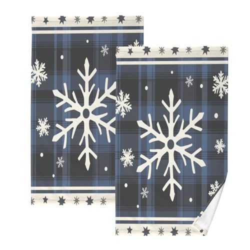 Christmas Snowflake Hand Towels for Bathroom Set of 2 Blue Black Plaid Fingertip Towels Face Towels,Cotton Soft Absorbent Bath Towels Winter Hand Bath Towel 16x28in - color: Snowflake Blue Black Plaid