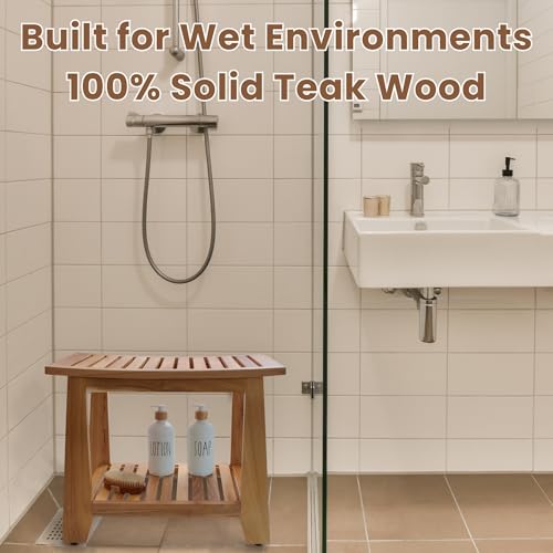 Teak Shower Bench Stool, 21'' Waterproof Wood Spa Bath Bench with Storage Shelf, Non-Slip Solid Teak Shower Seat Chair for Bathroom Inside Shower and Outdoor Use - size: 21''W x 13''D x 17''H