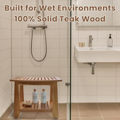 Teak Shower Bench Stool, 21'' Waterproof Wood Spa Bath Bench with Storage Shelf, Non-Slip Solid Teak Shower Seat Chair for Bathroom Inside Shower and Outdoor Use - size: 21''W x 13''D x 17''H