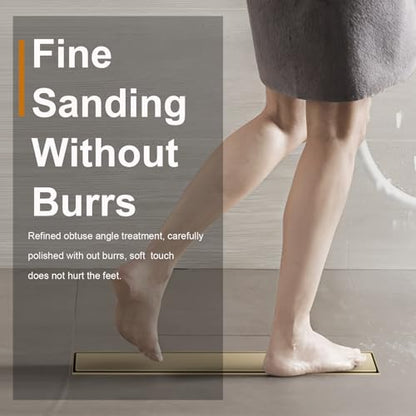 Linear Shower Drain - 24 Inch Brushed Gold, with Tile Insert Panels | AISI 304 Stainless Steel Shower Drain with Adjustable Feet, Hair Catcher, Rectangle Shower Floor Drain Fits Bathroom, Balcony - color: Brushed Gold, size: 24 Inch