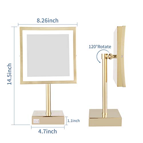 DOWRY Tabletop LED Lighted 5X Magnifying Makeup Mirror Square with Plug 8 Inch Polished Gold Finished - color: Gold