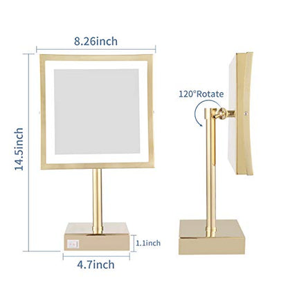 DOWRY Tabletop LED Lighted 5X Magnifying Makeup Mirror Square with Plug 8 Inch Polished Gold Finished - color: Gold