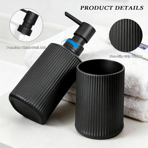 Bathroom Accessories Set Black Soap Dispenser Toothbrush Cup Set | Plastic Bathroom Set Accessories, 2-Piece Bathroom Counter Set for Modern Decor - size: Bath Set (2PC)