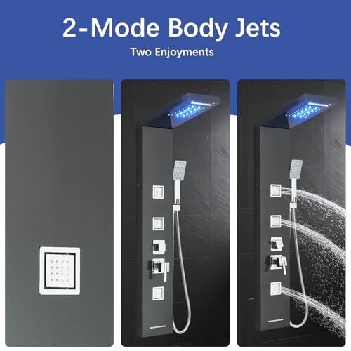 AlenArt Stainless Steel LED Shower Panel Tower System, Bathroom 5-Function Shower Panel Tower with LED Rainfall Waterfall Shower Head, Massage Jets, Tub Spout, Handheld Shower, Black-8126 - color: Black-8126