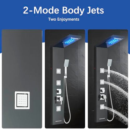 AlenArt Stainless Steel LED Shower Panel Tower System, Bathroom 5-Function Shower Panel Tower with LED Rainfall Waterfall Shower Head, Massage Jets, Tub Spout, Handheld Shower, Black-8126 - color: Black-8126