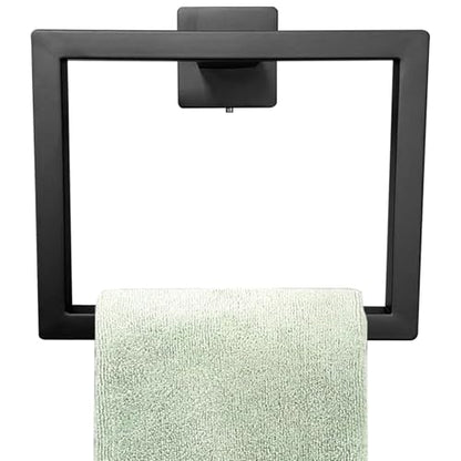 Black Hand Towel Holder, Stainless Steel Matte Black Towel Ring, 6.3 Inch Square Bathroom Hand Holder, Space Saving for WallBlack