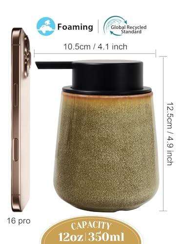INGOFIN Ceramic Foaming Soap Dispenser - 12 oz Refillable Foam Hand Soap Dispenser Bathroom, Modern Dish Dispenser Pump for Kitchen,Kiln-Glazed Earthy Yellow-Brown - color: Yellow Brown