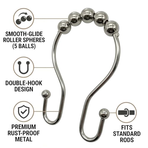 12Pcs Stainless Shower Curtain Hooks,Rust Proof Anti-Drop Curtain Hooks,Sturdy Metal Shower Curtain Rings,Glide Roller Double Shower Hooks,Smooth Sliding Rings for Bathroom Shower Rods Curtains,Silver