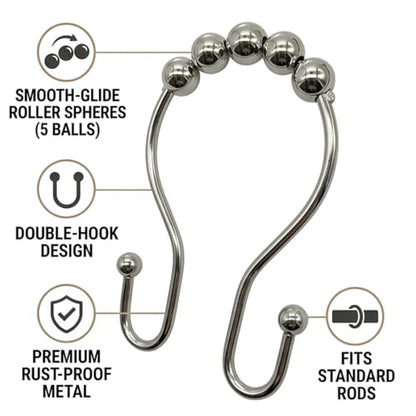 12Pcs Stainless Shower Curtain Hooks,Rust Proof Anti-Drop Curtain Hooks,Sturdy Metal Shower Curtain Rings,Glide Roller Double Shower Hooks,Smooth Sliding Rings for Bathroom Shower Rods Curtains,Silver