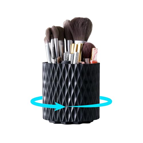 Black Makeup Brush Holder, 360° Rotating Makeup Organizer | 5-slot spinning vanity countertop caddy for makeup brushes, lipstick, hair brush & pens — bathroom, dorm & office - style: Black
