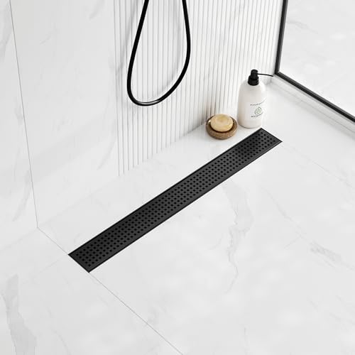 Neodrain 24" Matte Black Linear Shower Drain with Quadrato Pattern Grate | 304 Stainless Steel Linear Drain,Rectangle Shower Floor Drain with Hair Strainer, shower drain base ,Fits Bathroom, Balcony - color: Matte Black, size: 24 In