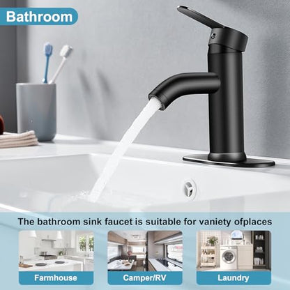 Bathroom Faucet 1 Hole, Black Vanity Faucet,Single Handle | for 1 Hole or 3 Hole Bathroom Sink, RV, Vanity,with Deck and Pop-up Drain Easy to Clean - color: Matte Black