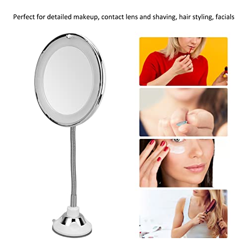 Magnifying Mirror, Flexible Gooseneck LED Lighted 10X Magnifying Makeup Mirror with Power Locking Suction Cup, 10X Magnification LED Fill Light Suction Cup Adjustable Gooseneck Makeup Mirror