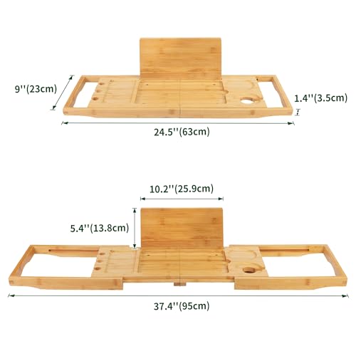 Utoplike Bamboo Bathtub Caddy Tray for Tub, Expandable Bath Table Trays | Adjustable, Bathroom Organizer with Book Tablet Stand, Wine Glass Cup, Towel Holder (24.5"-37.4") - color: 24.5-37.4 in