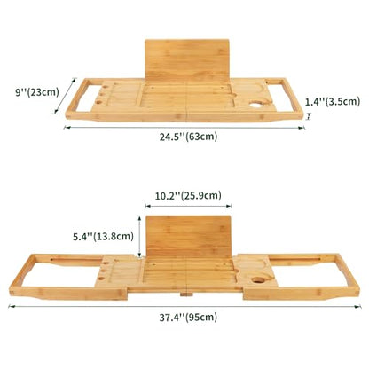 Utoplike Bamboo Bathtub Caddy Tray for Tub, Expandable Bath Table Trays | Adjustable, Bathroom Organizer with Book Tablet Stand, Wine Glass Cup, Towel Holder (24.5"-37.4") - color: 24.5-37.4 in