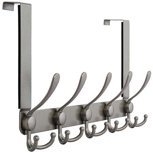 Dseap Over The Door Hook Hanger - Fits 1 3/8" to 1 3/4" Standard Doors | 5 Tri Hooks Heavy Duty Towel/Coat Rack | Door Organizer for Clothes, Jackets, Hats, Towels, Grey - color: Gray