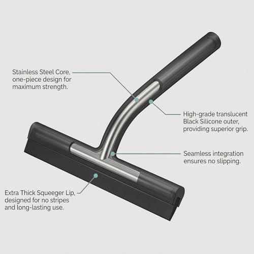 Shower Squeegee for Glass Doors, Mirror Window Tile Scrubber Cleaner with Hook Silicone (Black) - color: Black