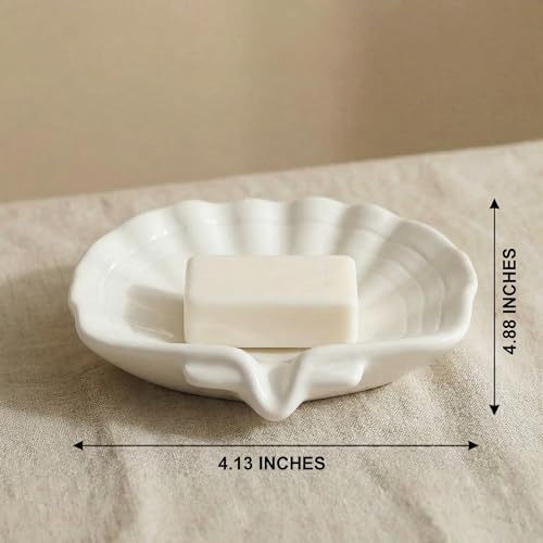 Ceramic Soap Holder, Sea-Shell Soap Tray with Self Draining, Soap Tray for Sink Washroom Bathroom Shower, Small Cute and Elegant Holder with Glaze, Easy Cleaning (White) - color: White