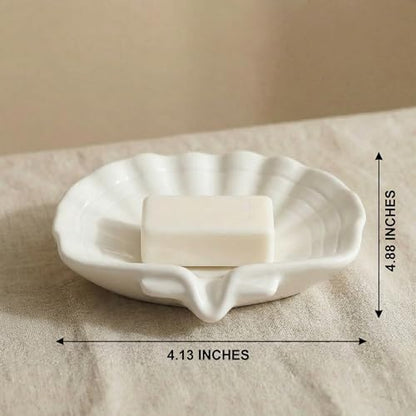 Ceramic Soap Holder, Sea-Shell Soap Tray with Self Draining, Soap Tray for Sink Washroom Bathroom Shower, Small Cute and Elegant Holder with Glaze, Easy Cleaning (White) - color: White