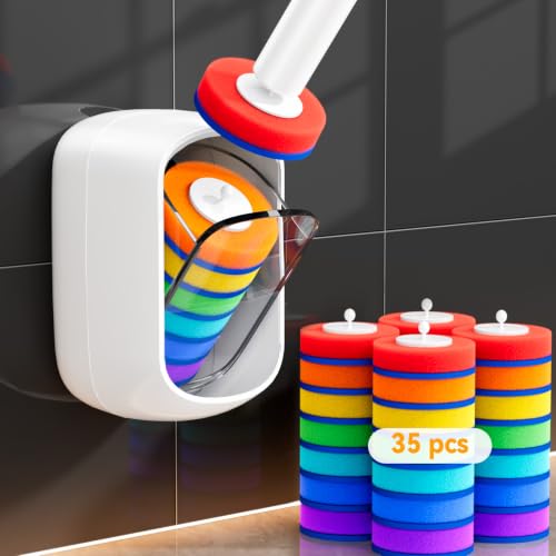 MOPUP Disposable Toilet Brush Set, 35 Refills | Wall Mounted Holder with Storage Caddy, Pre-Loaded Cleaner Heads, No Drip/Mess, Space-Saving for Daily Bathroom Cleaning