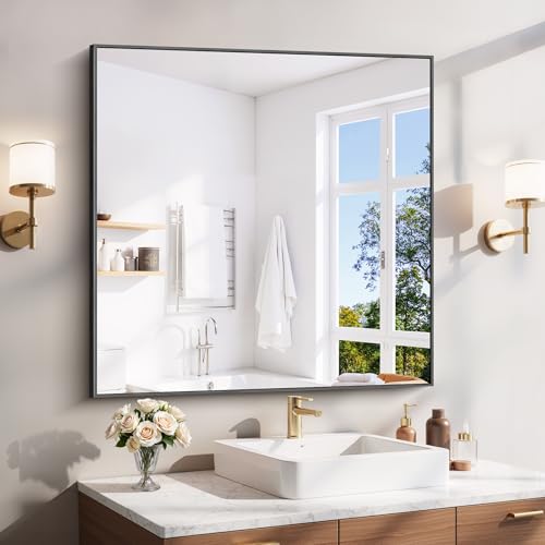 YIROMAN Bathroom Mirror 36"x36",Black Bathroom Mirrors for Over Sink with Aluminum Frame, Square Vanity Mirror with Right Angle, Wall Mirror for Oversink, Vanity, Bedroom, Living Room - color: Black, size: 36"L x 36"W