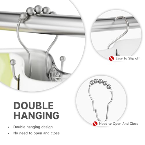 Shower Curtain Hooks Silver, Bathway Shower Curtain Rings Rust Proof, Shower Hooks for Shower Curtain Balanced Smooth Glide Double Shower Curtain Hooks, 12 Pcs - color: Space Silver