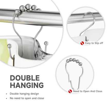 Shower Curtain Hooks Silver, Bathway Shower Curtain Rings Rust Proof, Shower Hooks for Shower Curtain Balanced Smooth Glide Double Shower Curtain Hooks, 12 Pcs - color: Space Silver