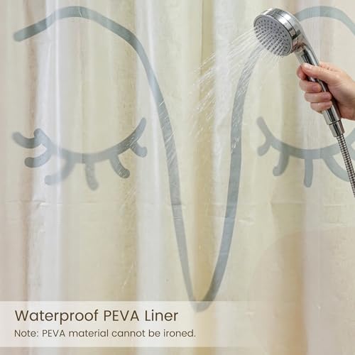 Gentle Smiling Face Linen Shower Curtain Set with Liner,72" Wx72 L | Double Layer Shower Curtain Waterproof Fabric with Zippered Removable PEVA Liner,Boho Shower Curtain for Bathroom,Free Hooks - color: Abstract Face