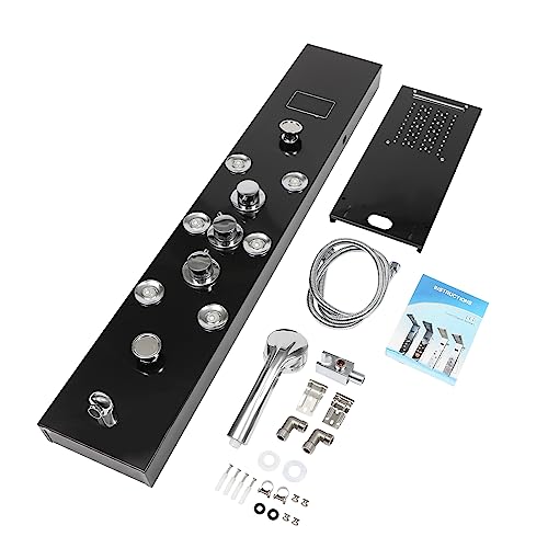 Black LED Shower Panel Tower System with 8 Massage Body Jets, Stainless Steel 6 IN 1 Shower Tower with Rainfall Waterfall Shower Head and Handheld, Multi-Function Bathroom Shower Panel