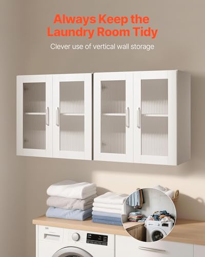 VEVOR Laundry Room Wall Cabinet, 2-Tier Wall Mounted Cabinet with Adjustable Shelf, Cupboard Storage with 4 Doors, for Kitchen, Bathroom, Laundry, Set of 2, Each 12 x 24 x 24 in (D x W x H), White - size: 48 Inch, style: 4 Doors